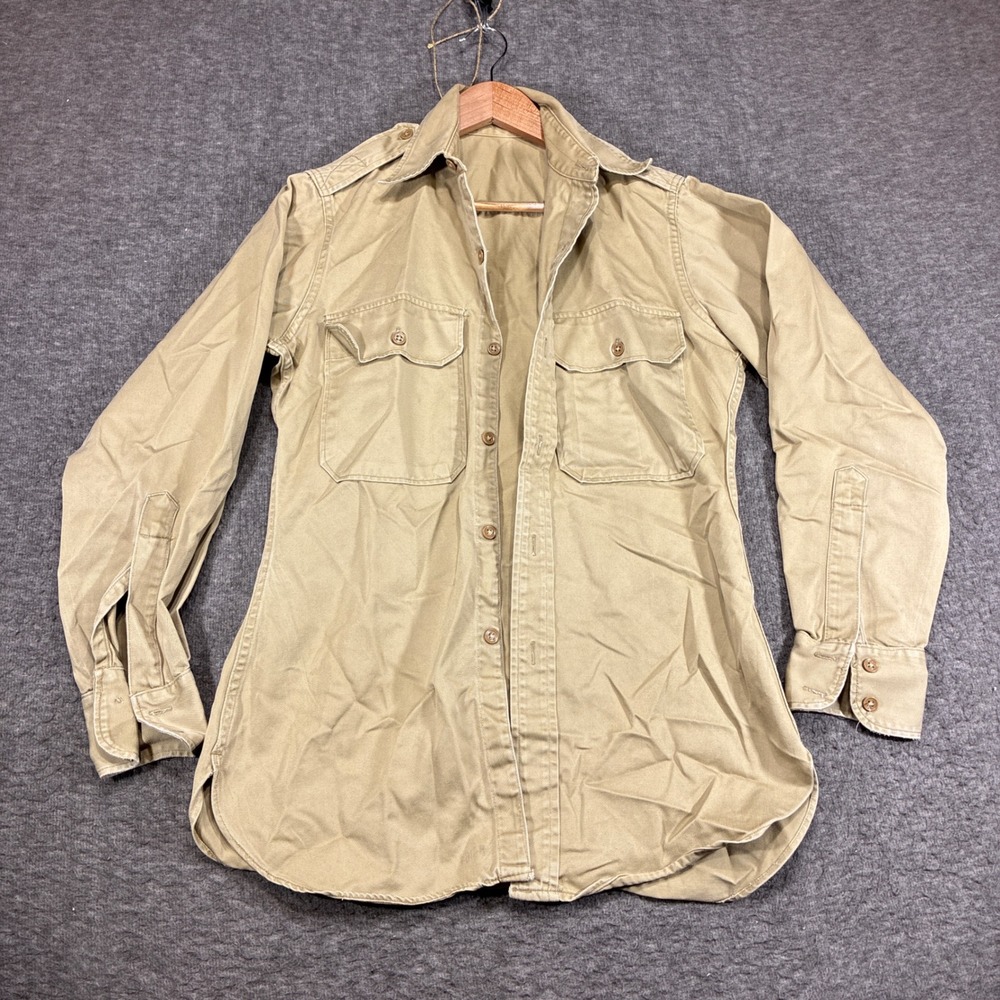 Vintage Military Shirt Korean War 1950s Mens 15.5x33 Khaki Tan Twill Epaulets